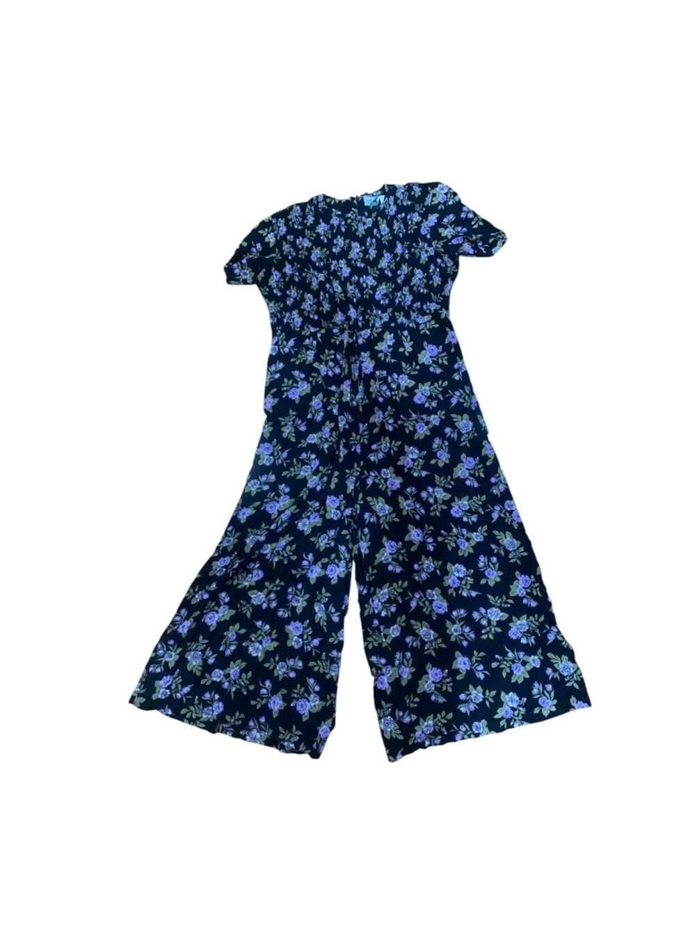 Vntg 90’s Volup Women's Sunshine Starshine Black Purple Floral Jumpsuit L